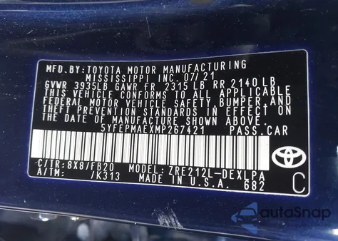 2021 Toyota Corolla Le z USA, uszkodzony, nr VIN 5YFEPMAEXMP267421